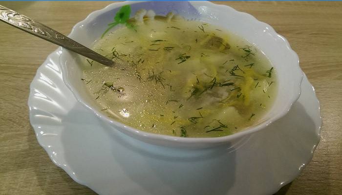 Teller mit Pilzsuppe mit Fadennudeln