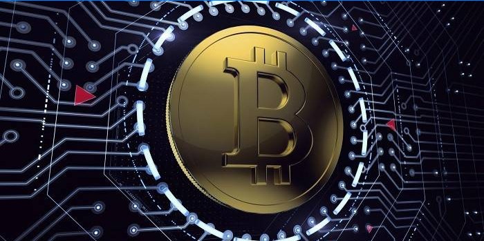 Bitcoin-Symbol auf einem Chip