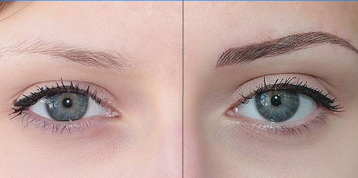 Mädchenaugen vor und nach permanentem Augenbrauen-Make-up