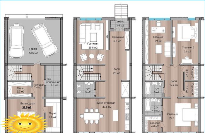 Grundriss eines dreistöckigen Stadthauses