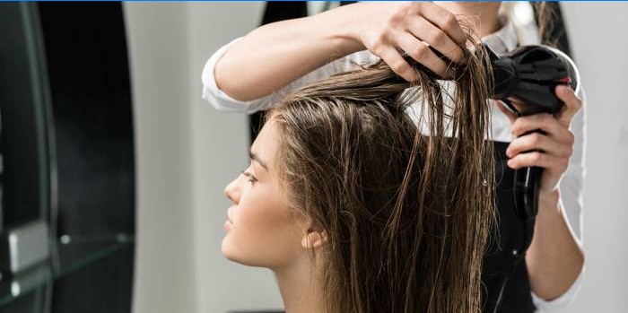 Der Friseur trocknet die Haare mit einem Haartrockner