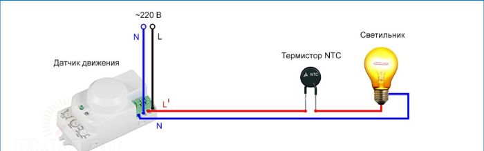 Anschließen eines Bewegungssensors an eine Glühbirne über einen Thermistor