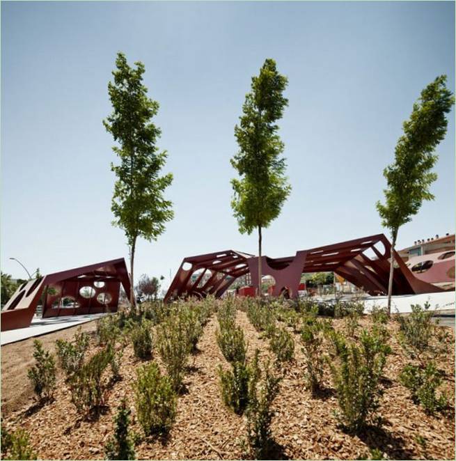 Kleine Sträucher und große Bäume in einem gestalteten Park