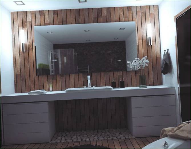 Badezimmer aus Holz und Stein in einer Öko-Wohnung in Belarus