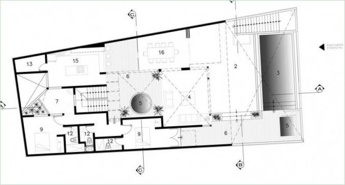 Detaillierte Skizze des Grundrisses des Erdgeschosses des Cristal House