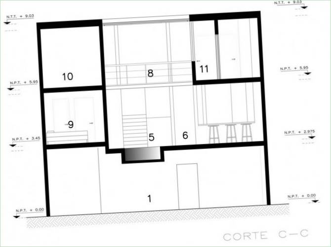 Die Skizze oben zeigt den Sozialbereich - Küche mit Speisekammer, Wohnung und offene Veranda